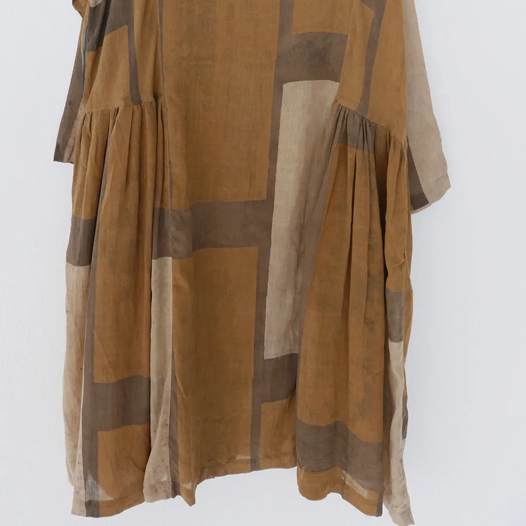 India, Indigene, Side gathered hand printed button-down dress w/ under slip (Ochre/ Beige colour Block)