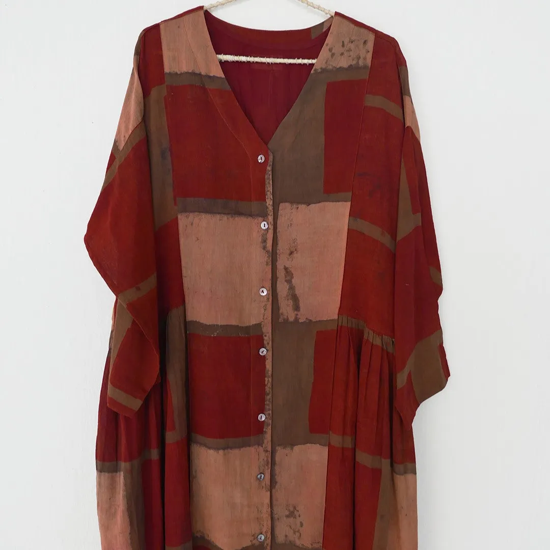 india, Indigene, Side gathered hand printed button-down dress w/ under slip (Rust / Beige colour Block)