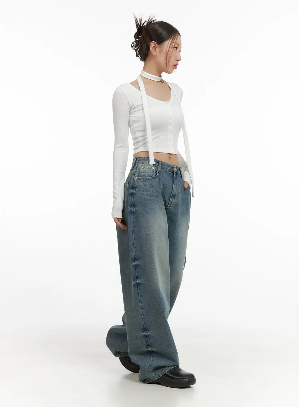 Indie Wide-Leg Washed Denim Jeans CS405