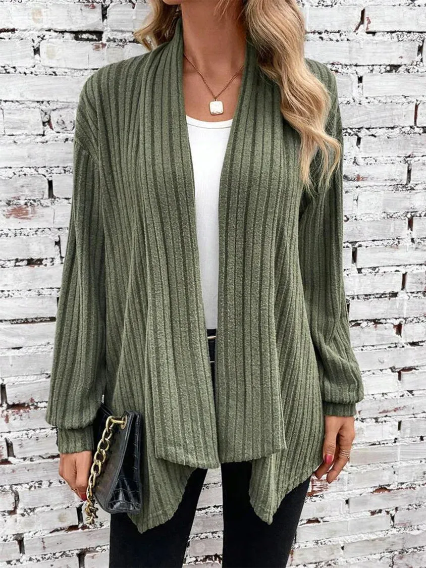 Irregular neckline ribbed knitted cardigan