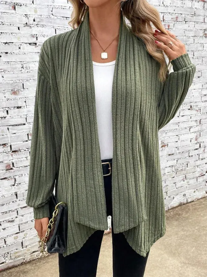 Irregular neckline ribbed knitted cardigan