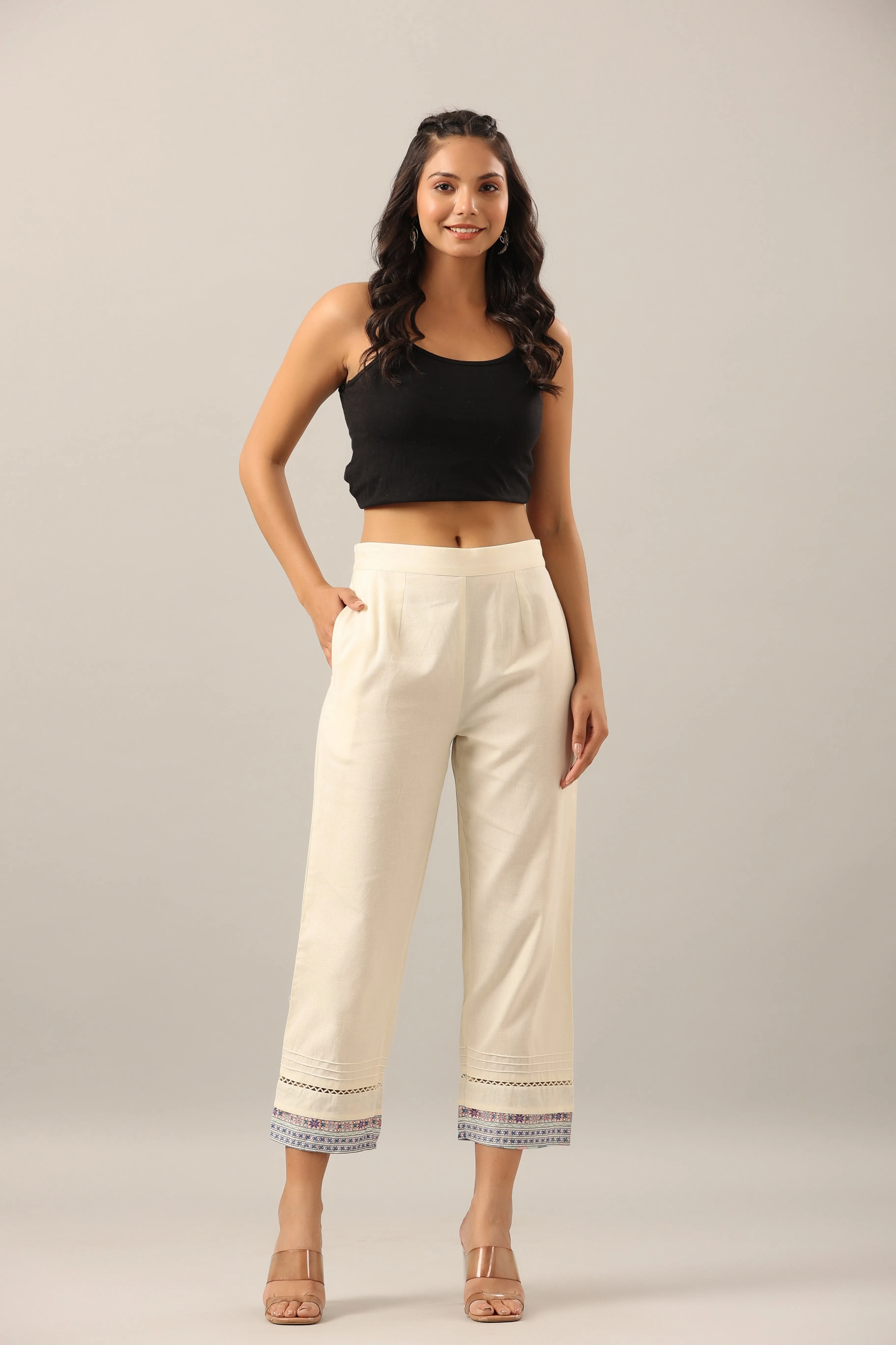 Juniper Off-White Solid Cotton Flex Pants With Printed Hem, Pintucks & Lace Work