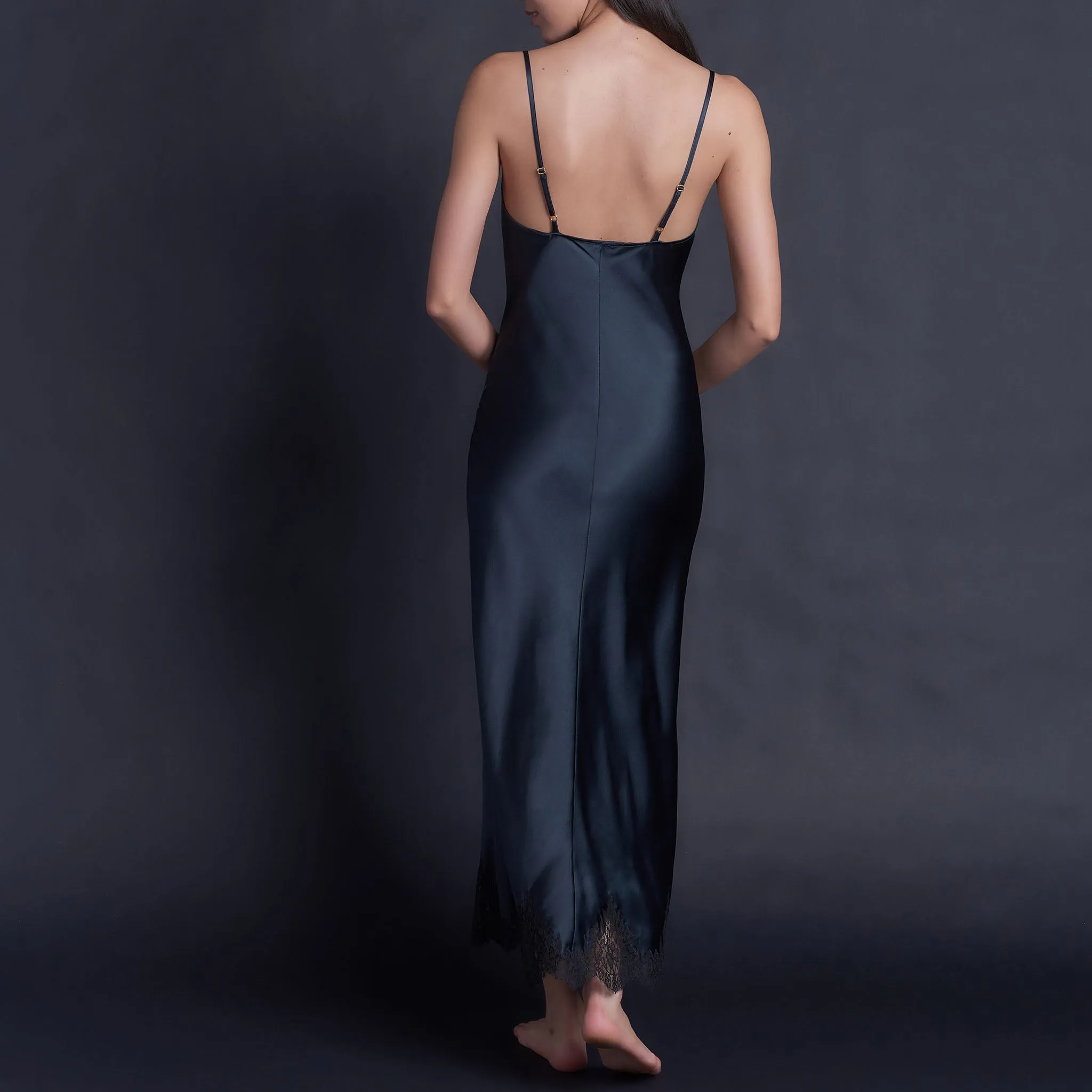 Juno Slip Dress in Sapphire Silk Charmeuse with Lace