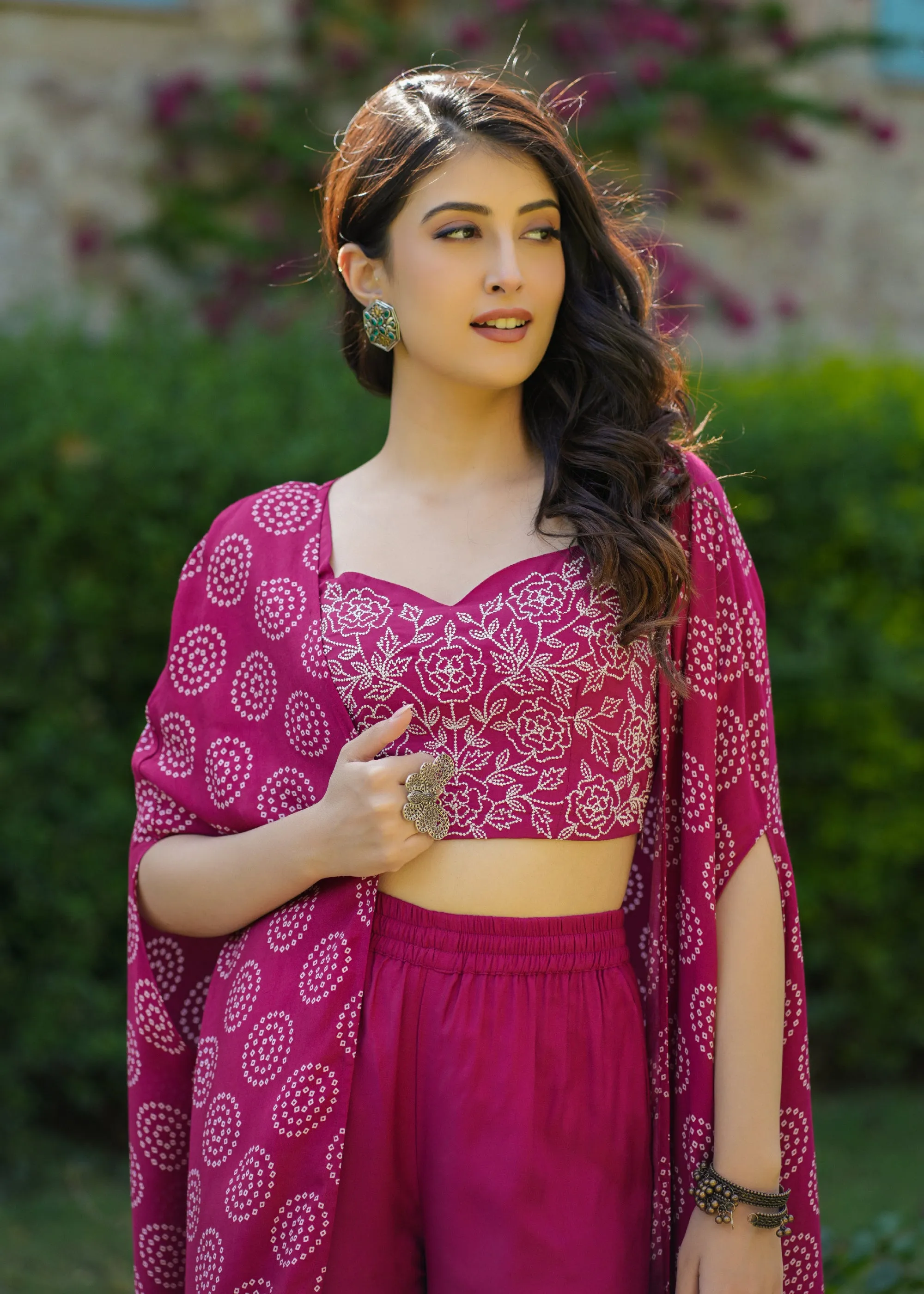 Kayra Printed Viscose Magenta Cape Set With Sharara