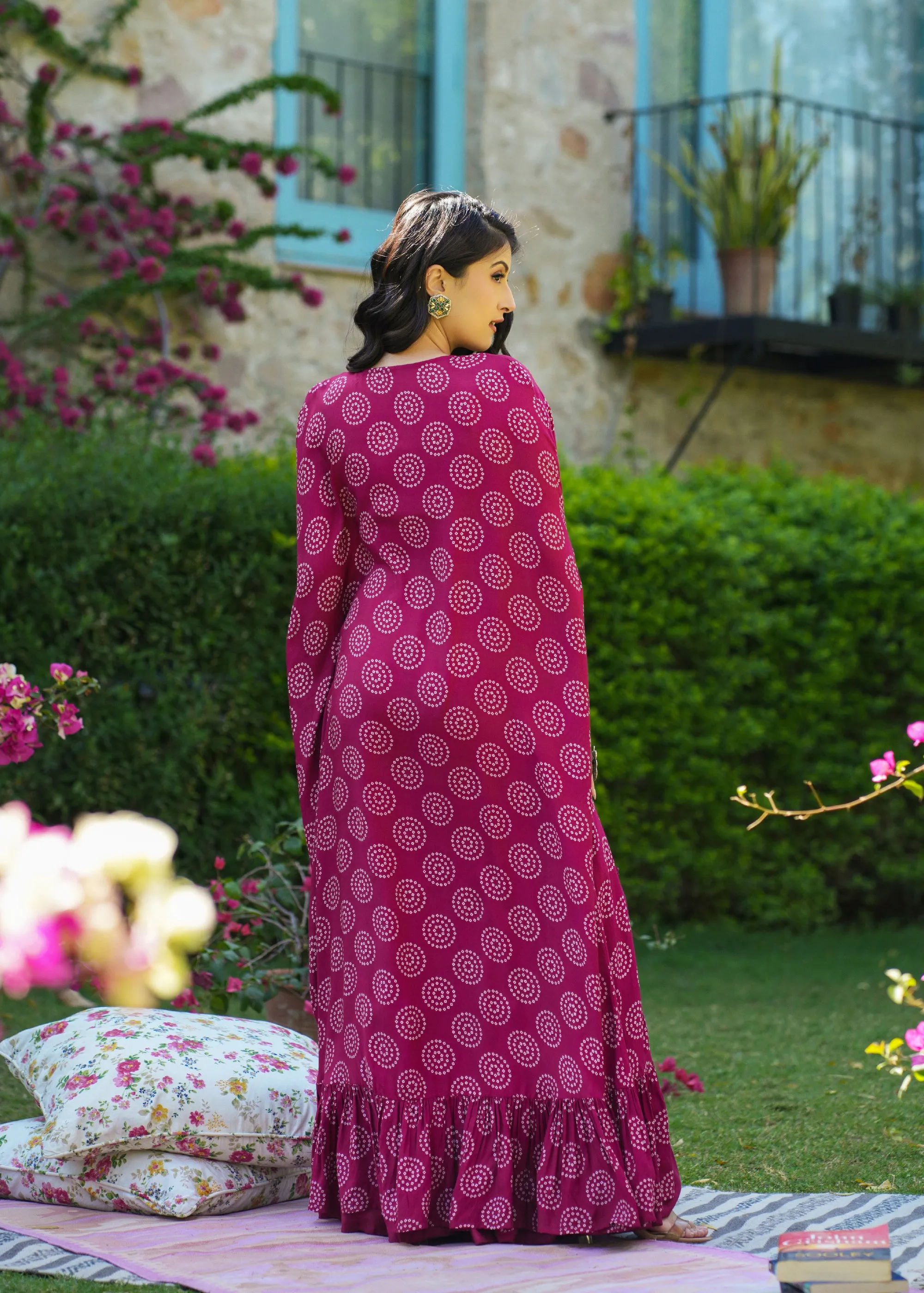 Kayra Printed Viscose Magenta Cape Set With Sharara