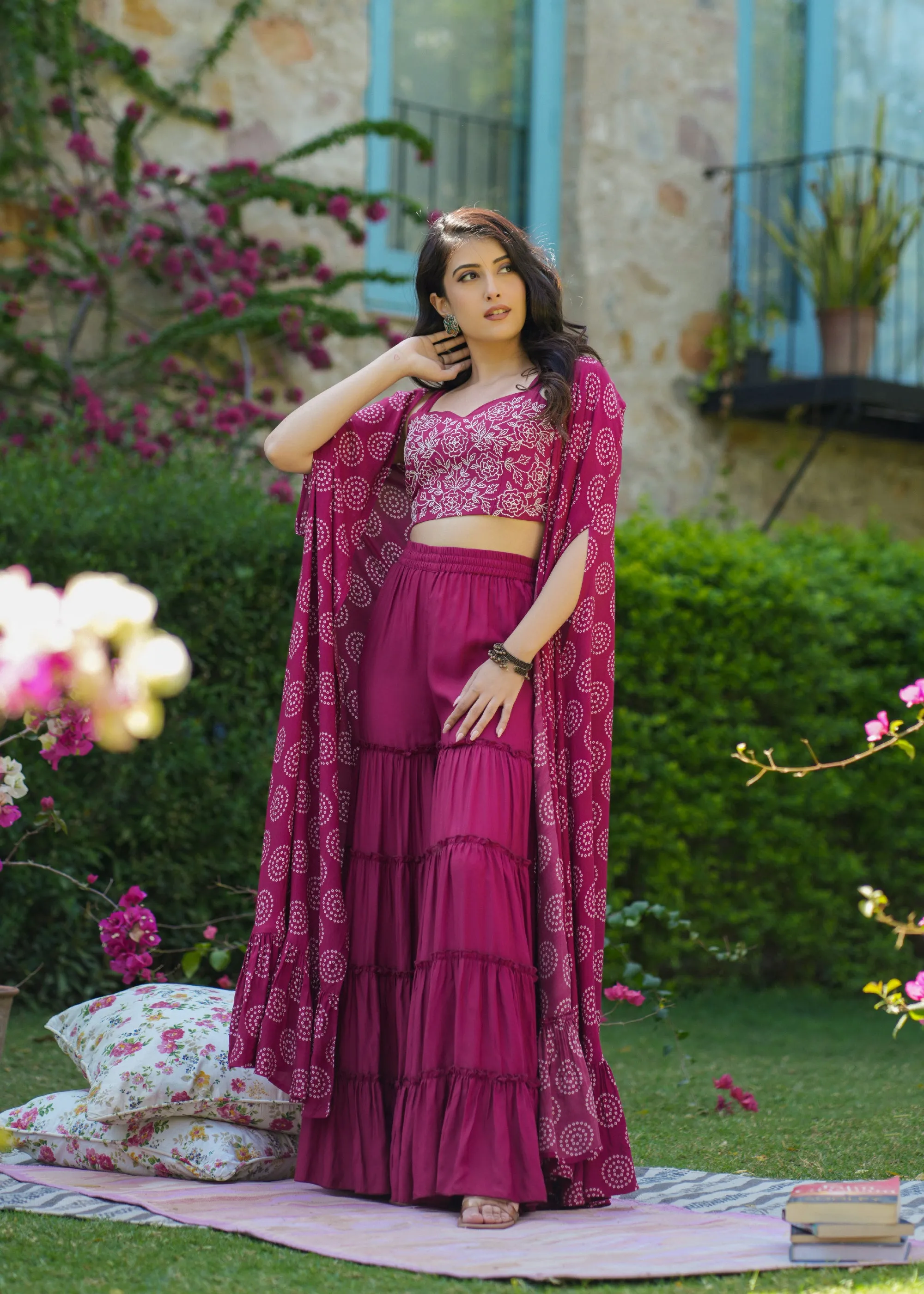 Kayra Printed Viscose Magenta Cape Set With Sharara