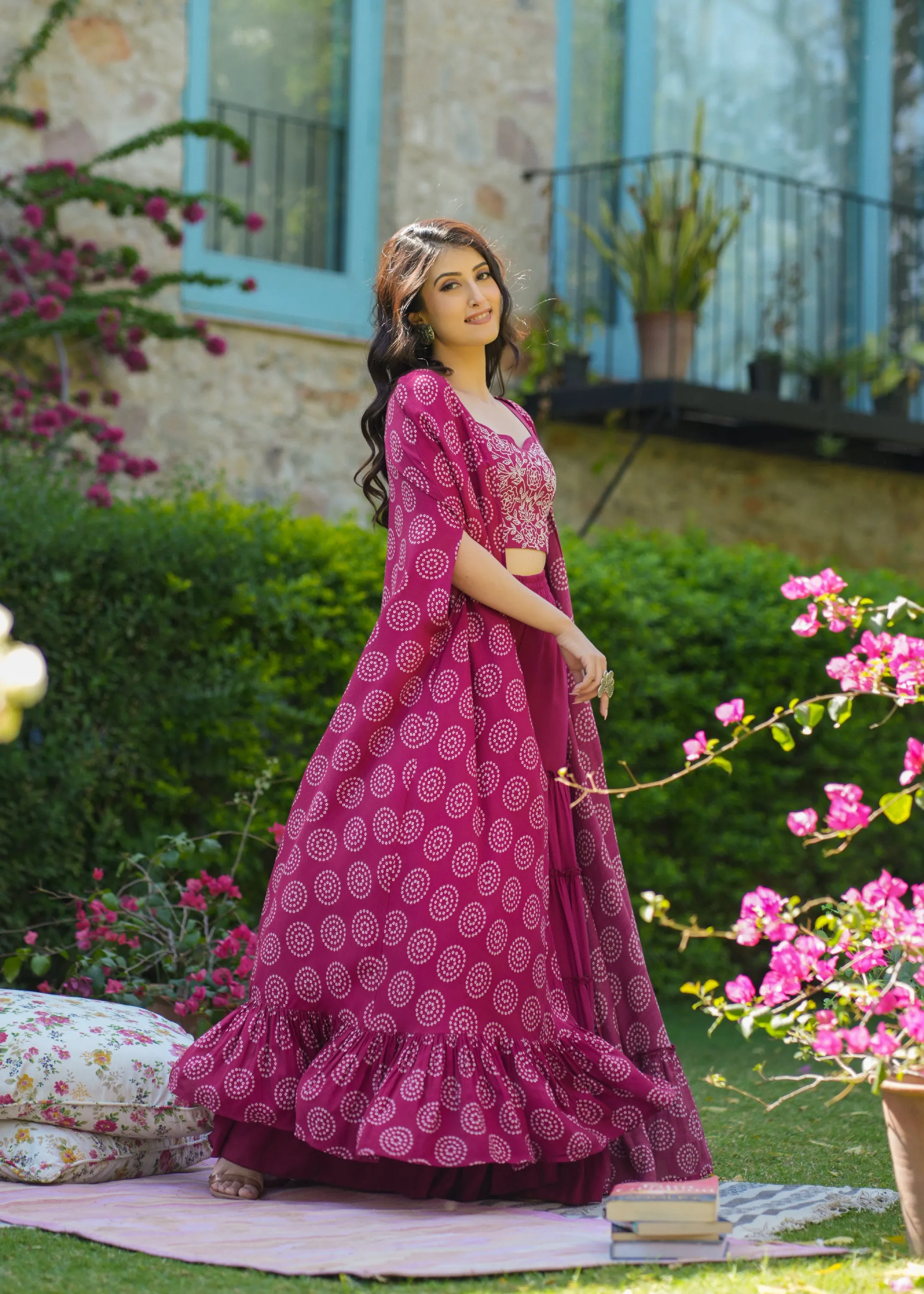 Kayra Printed Viscose Magenta Cape Set With Sharara