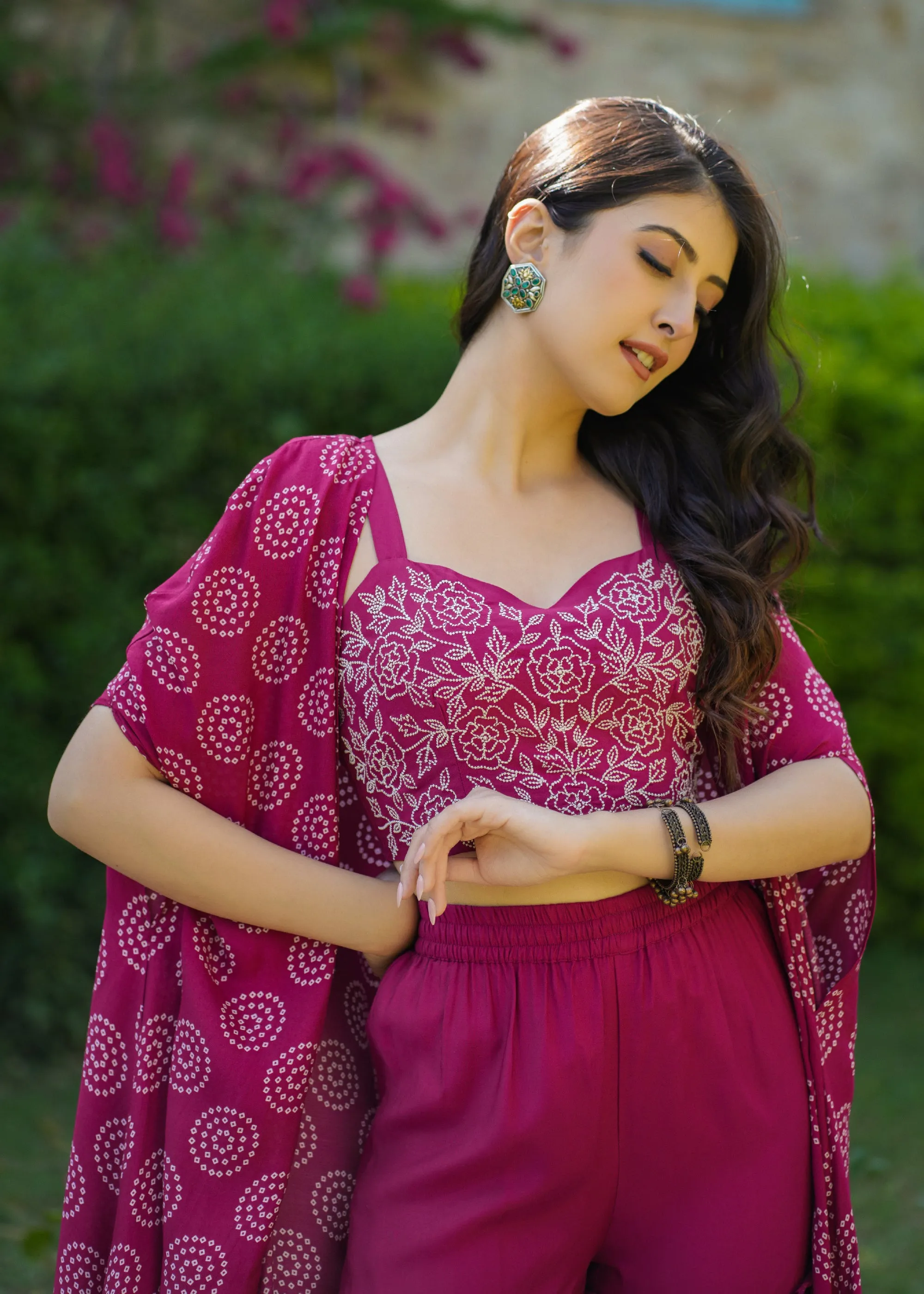 Kayra Printed Viscose Magenta Cape Set With Sharara