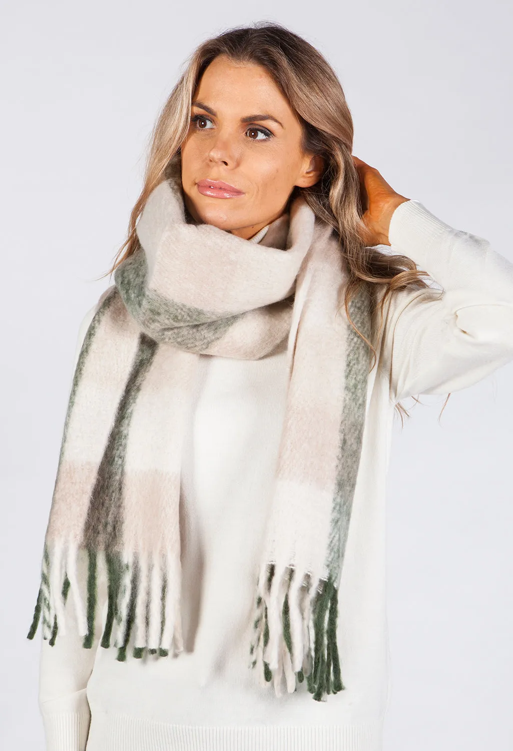 Khaki and Beige Checked Woolly Scarf