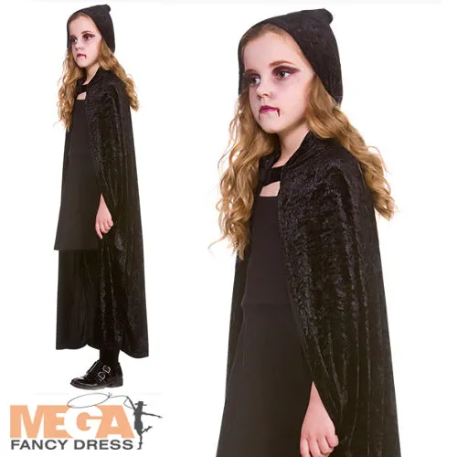 Kids Black Velvet Hooded Cape Halloween Costume Accessory