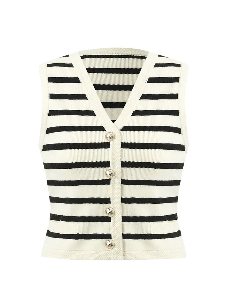 Knit Striped V-Neck Vest Cardigan