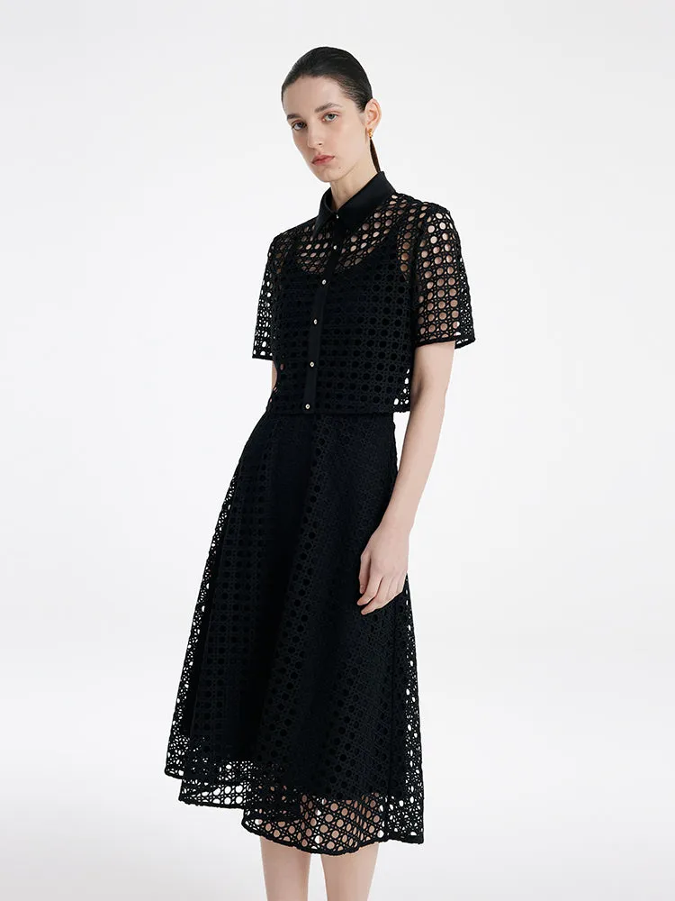 Lace Openwork Crop Jacket And Half Skirt And Knitted Camisole Three-Piece Set