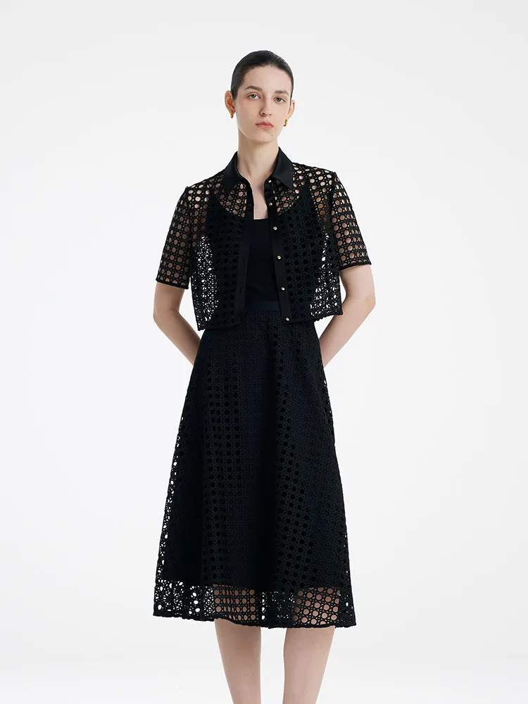 Lace Openwork Crop Jacket And Half Skirt And Knitted Camisole Three-Piece Set