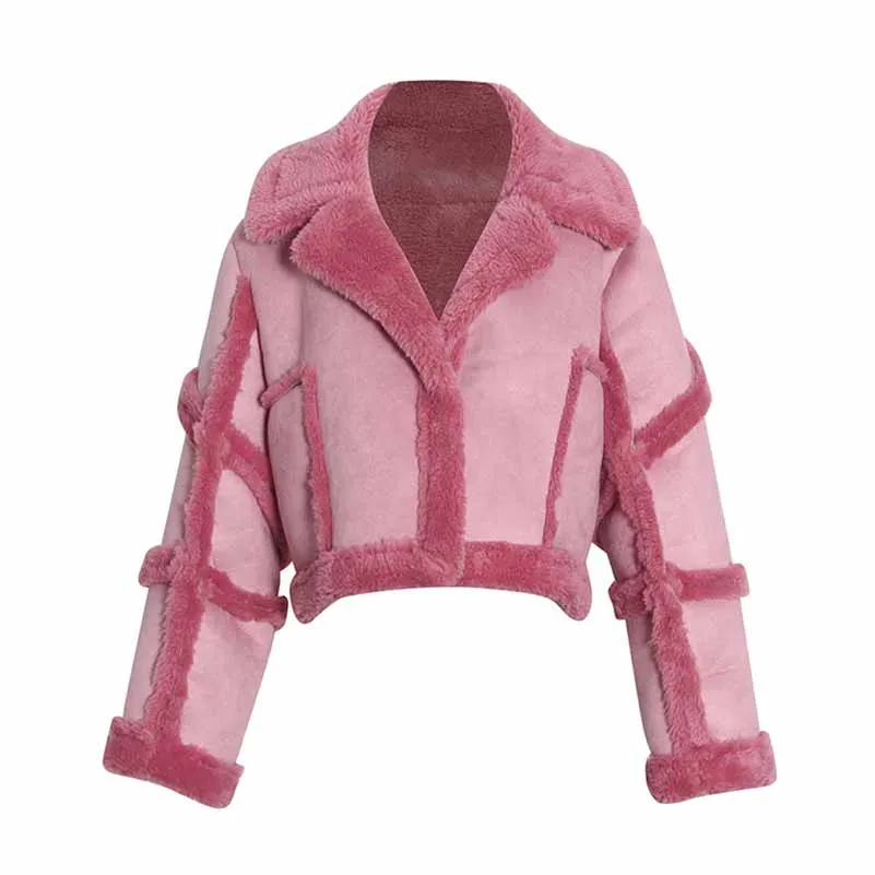 Lapel Collar patchwork lamb short woolen jacket for women