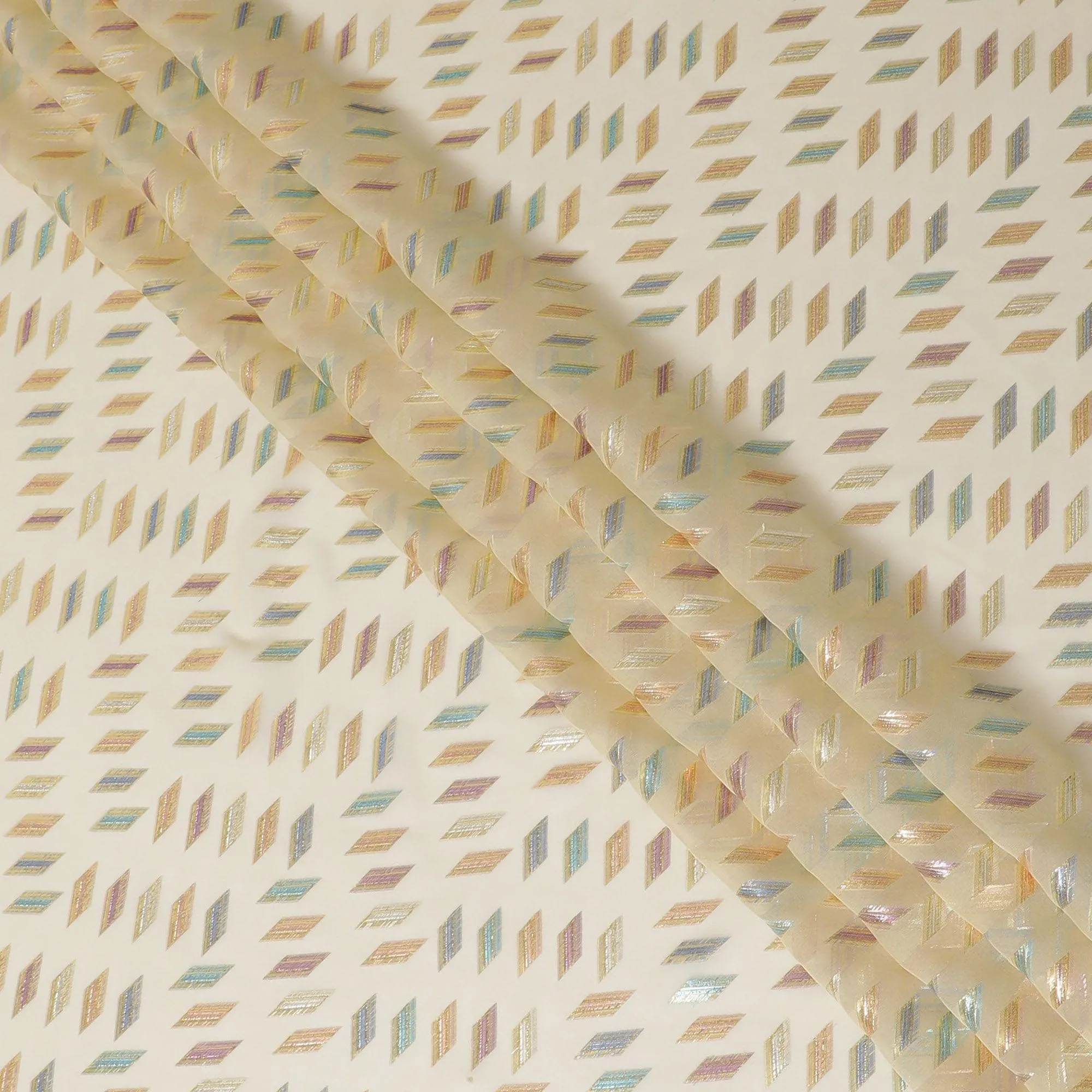 Latte beige Premium pure silk chiffon fabric with multicolor metallic lurex in geometric design-D13136