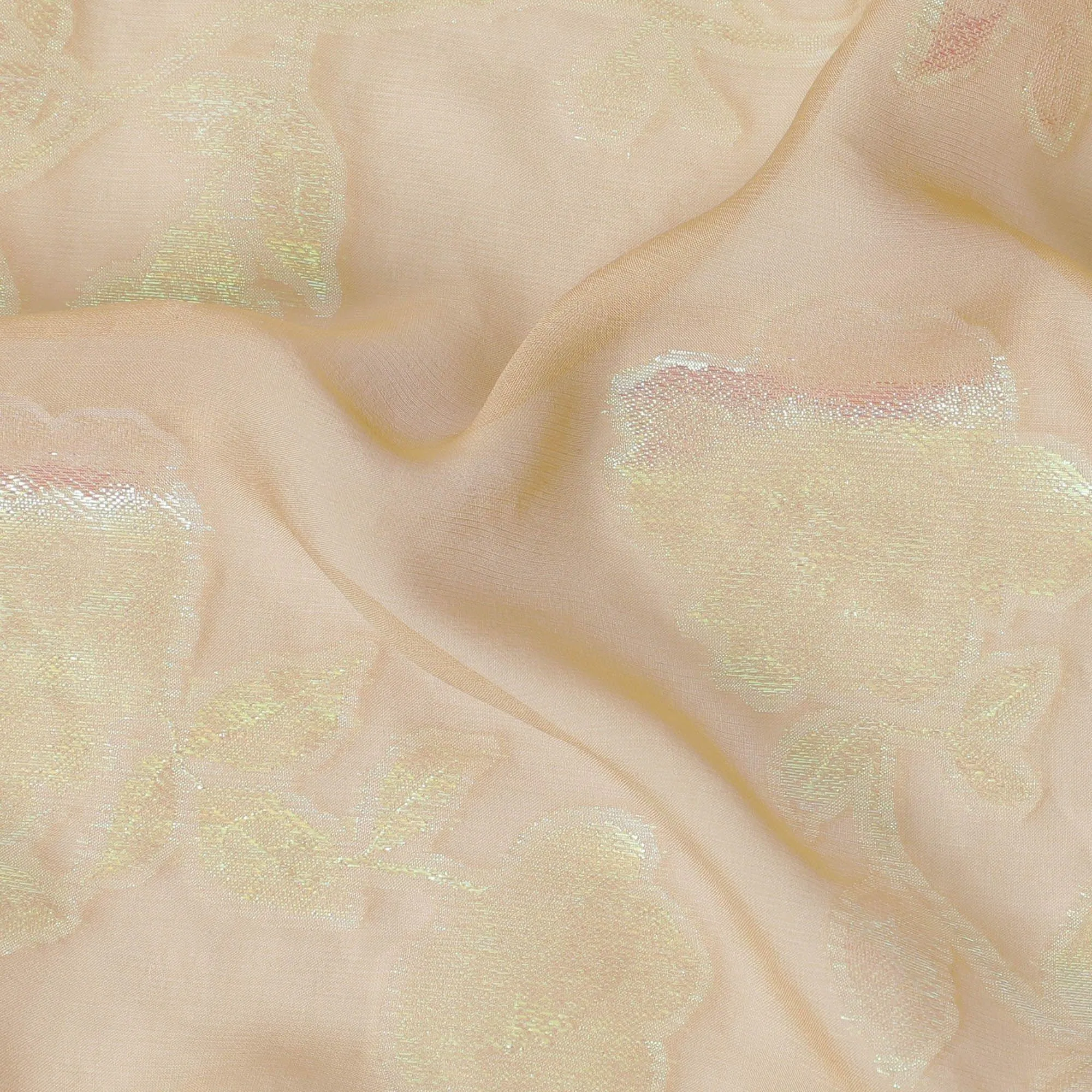 Latte biege premium pure silk chiffon fabric with neon green metallic lurex in floral design-D12420