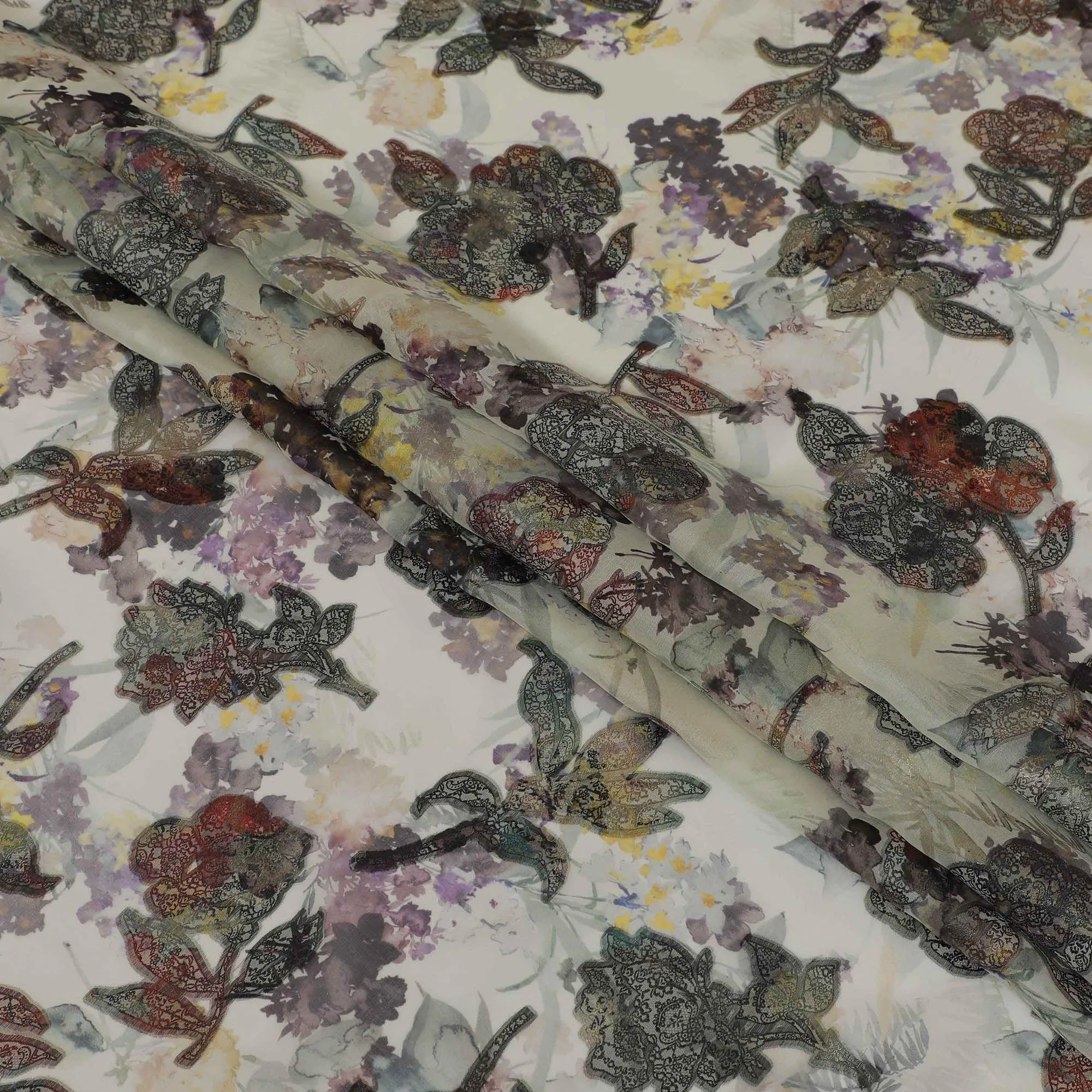 Laurel green premium pure silk chiffon fabric with multicolor print and metallic lurex in floral design-D13238