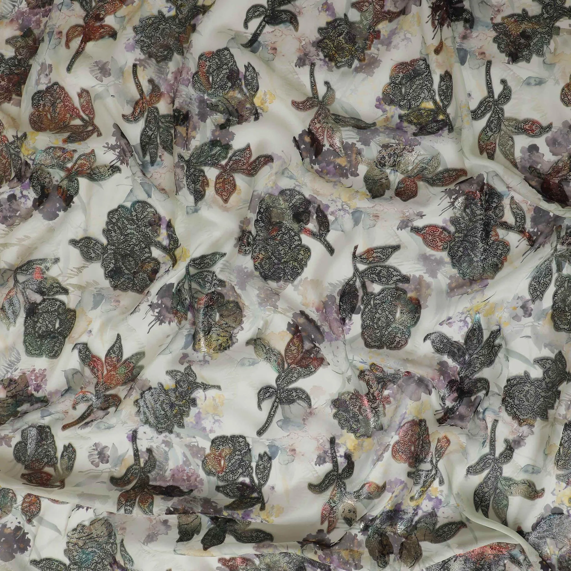 Laurel green premium pure silk chiffon fabric with multicolor print and metallic lurex in floral design-D13238