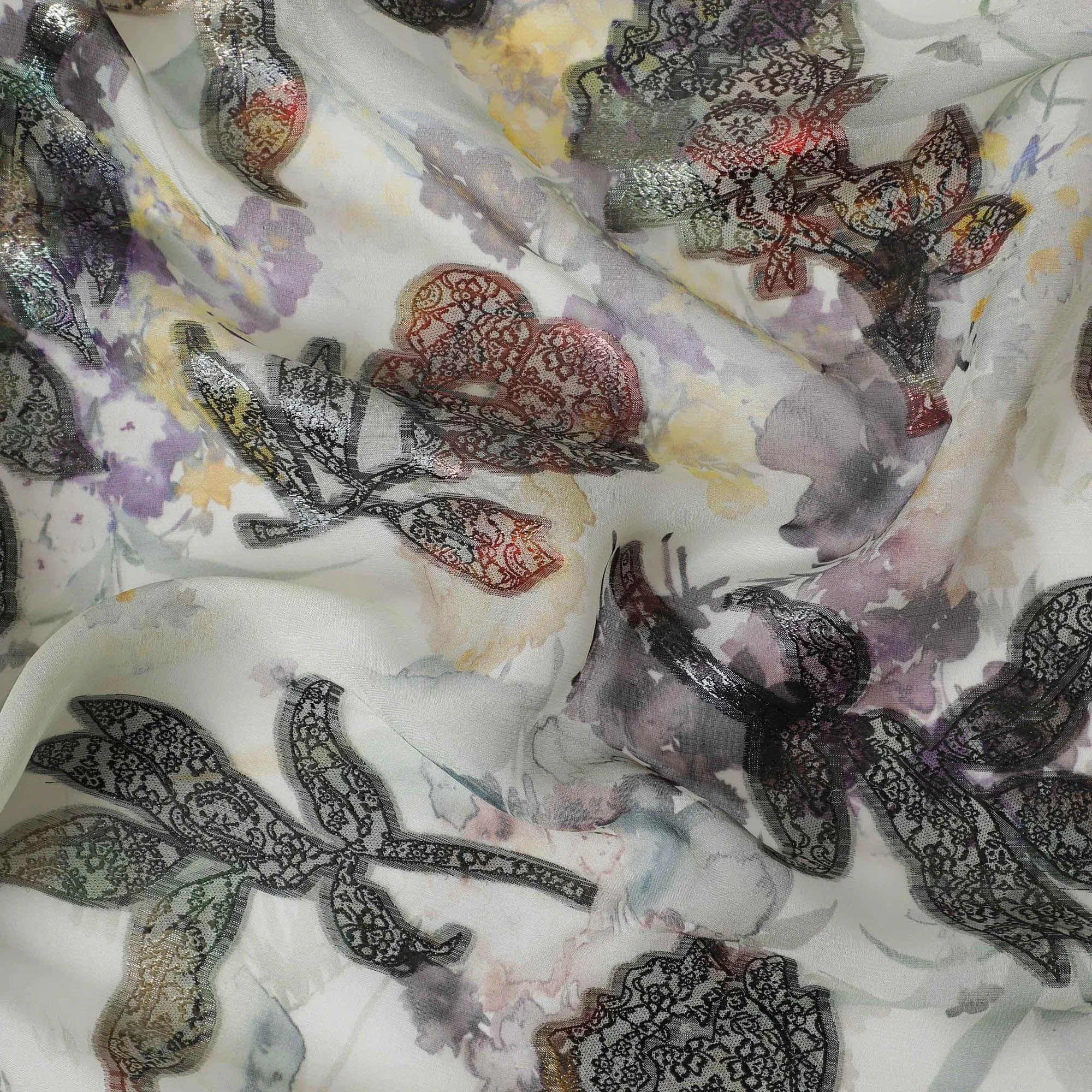 Laurel green premium pure silk chiffon fabric with multicolor print and metallic lurex in floral design-D13238