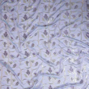 Lavender premium pure silk chiffon fabric with purple viscose and gold metallic lurex in floral design-D13186