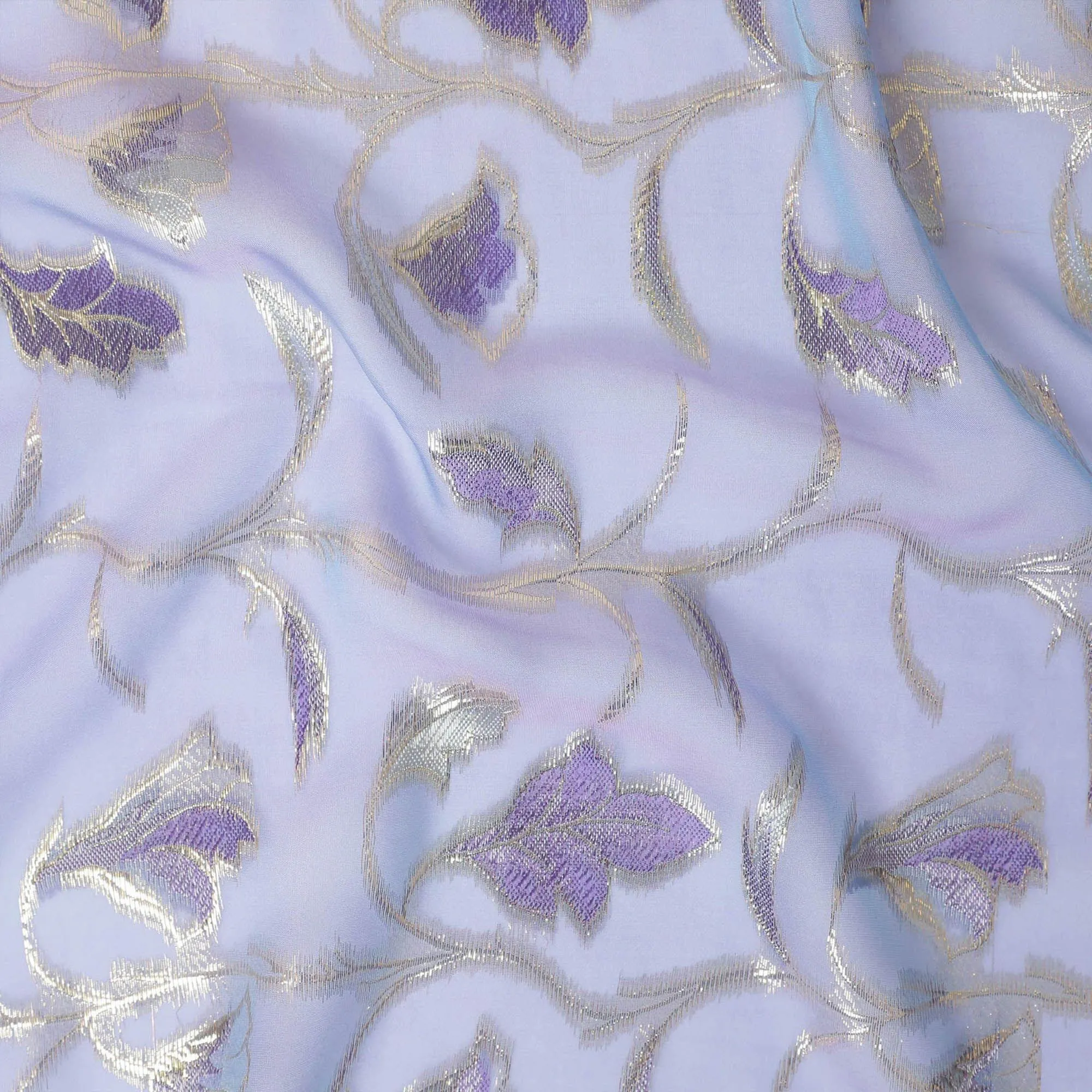 Lavender premium pure silk chiffon fabric with purple viscose and gold metallic lurex in floral design-D13186