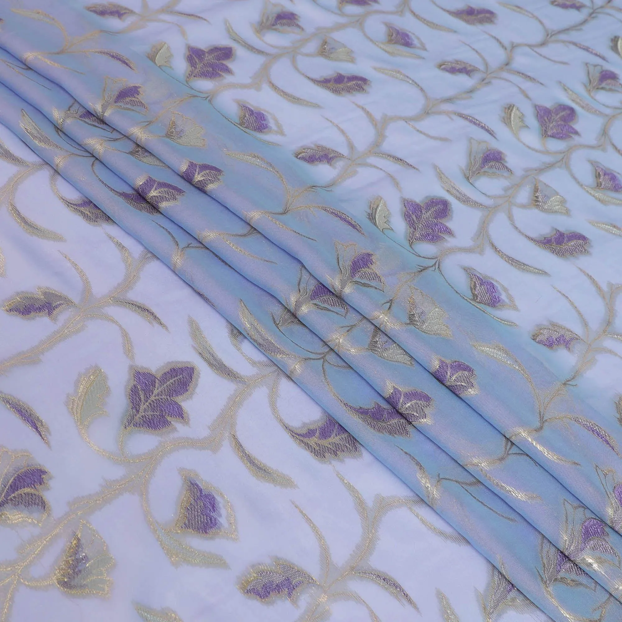 Lavender premium pure silk chiffon fabric with purple viscose and gold metallic lurex in floral design-D13186