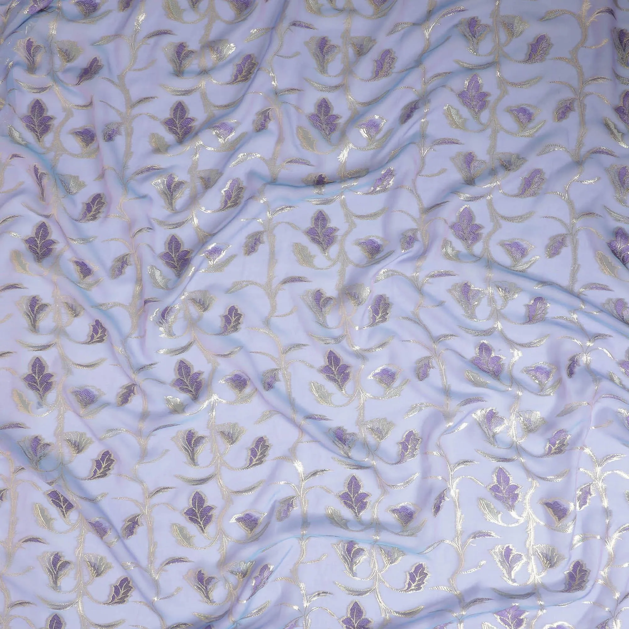 Lavender premium pure silk chiffon fabric with purple viscose and gold metallic lurex in floral design-D13186