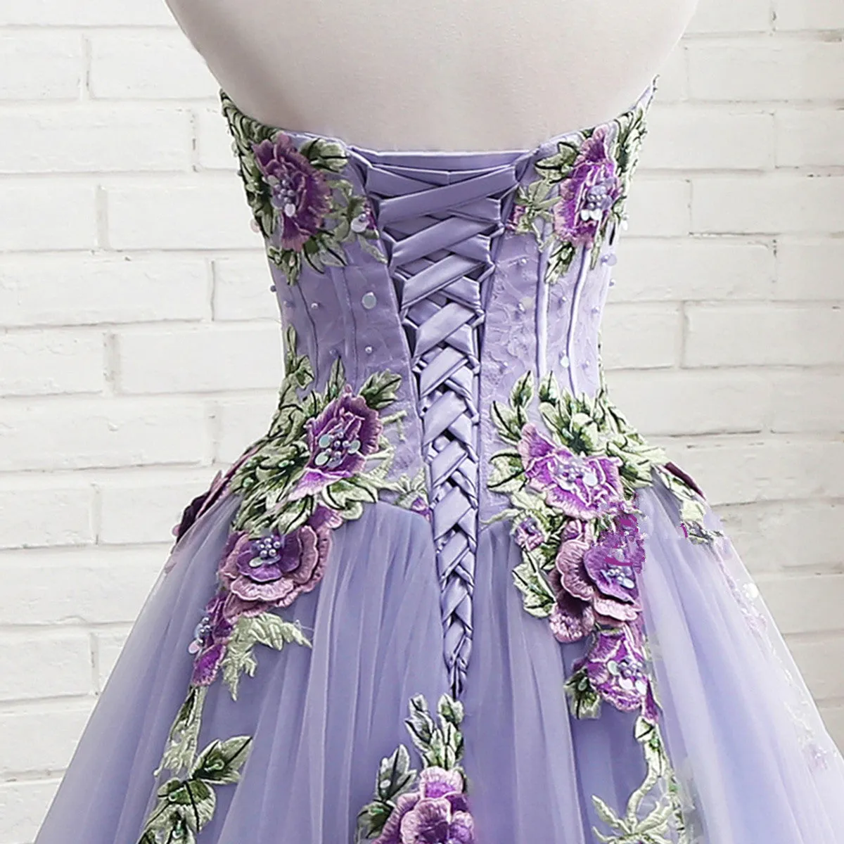 Lavender Tulle with Flower and Lace Sweet 16 Dress, Lavender Long Party Dress