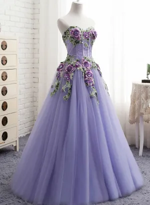 Lavender Tulle with Flower and Lace Sweet 16 Dress, Lavender Long Party Dress