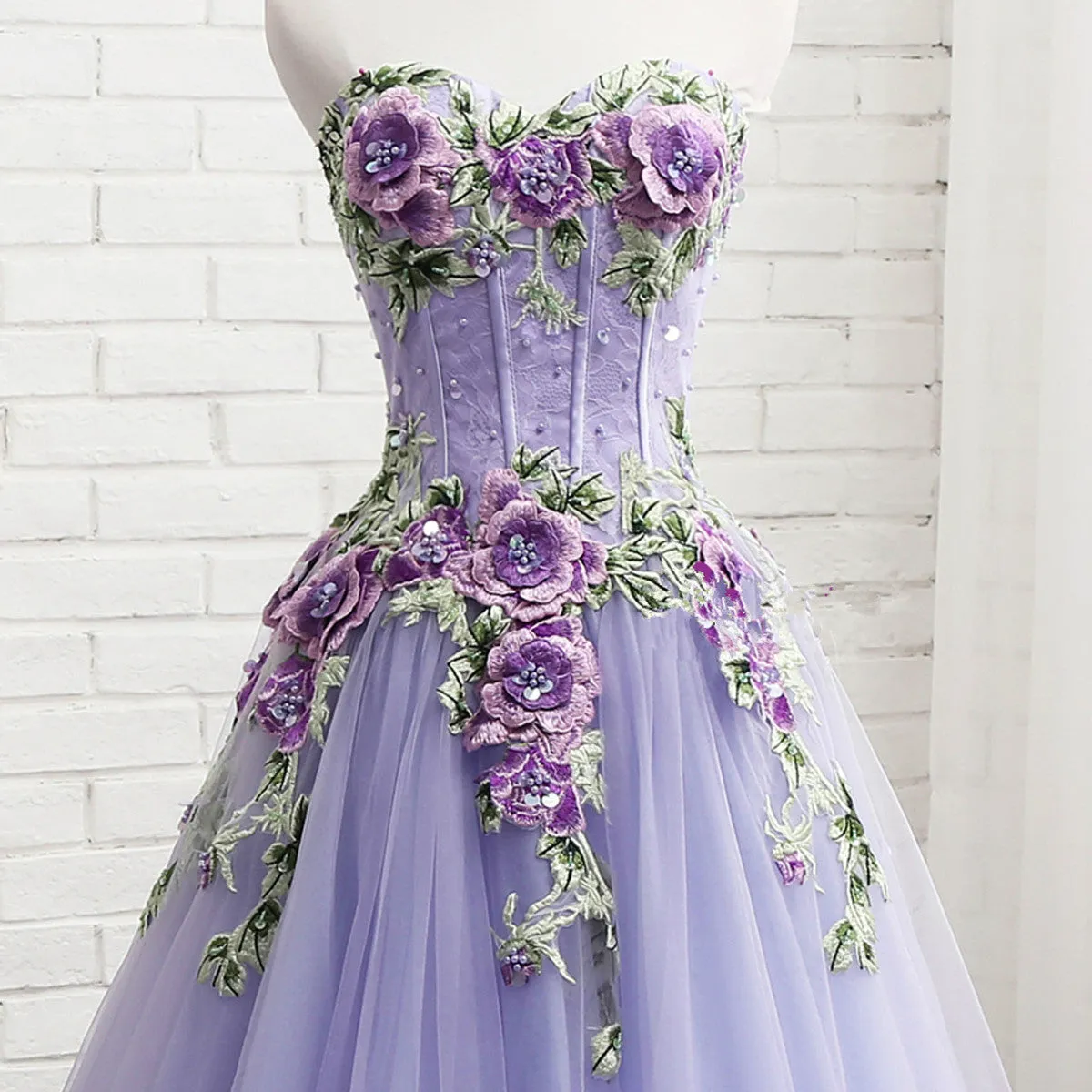 Lavender Tulle with Flower and Lace Sweet 16 Dress, Lavender Long Party Dress