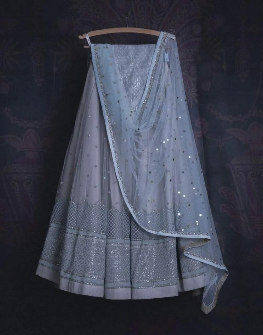 Lehenga Choli in Soft Net Fabrics with Resham Work and Grey Color