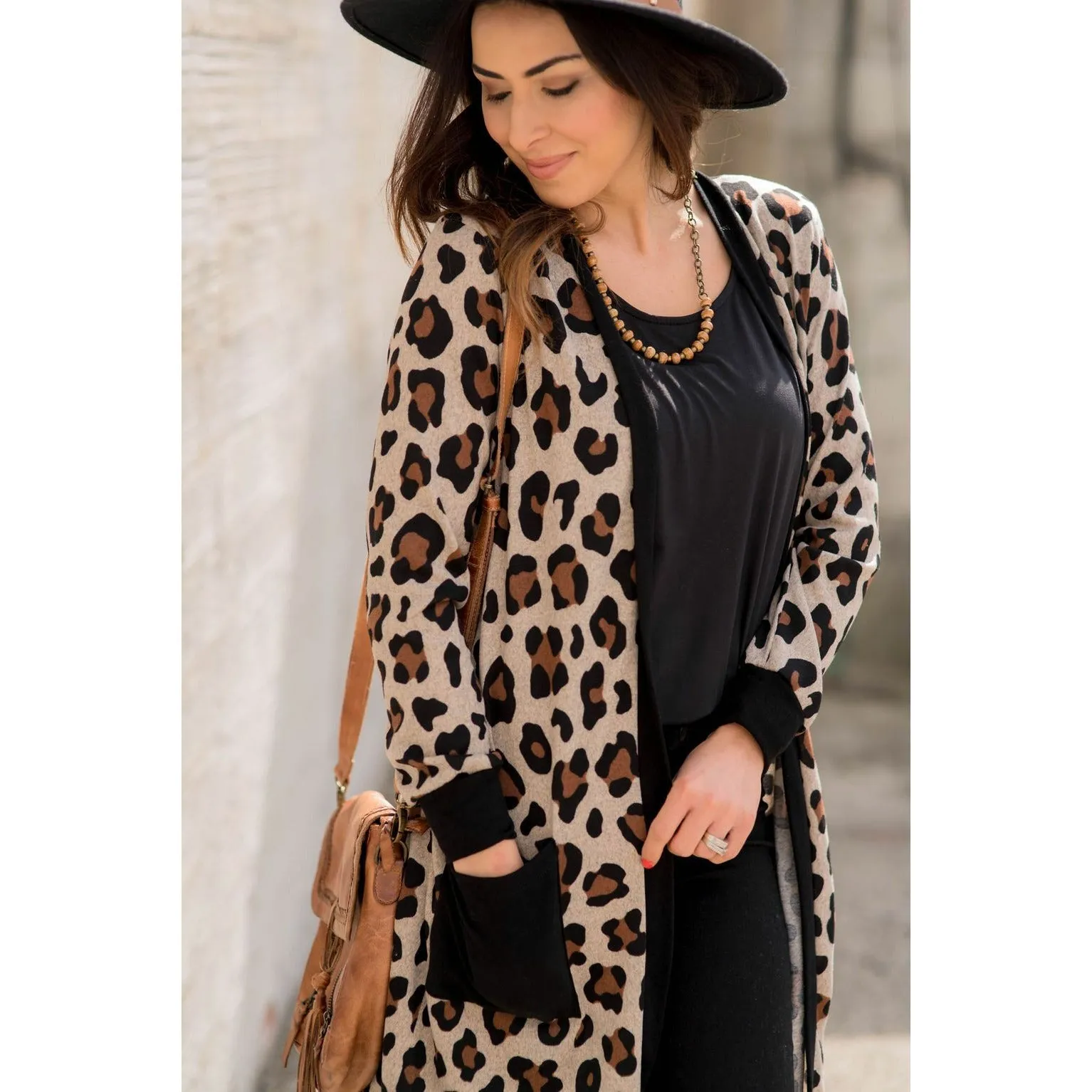 Leopard Solid Trim Tunic Cardigan