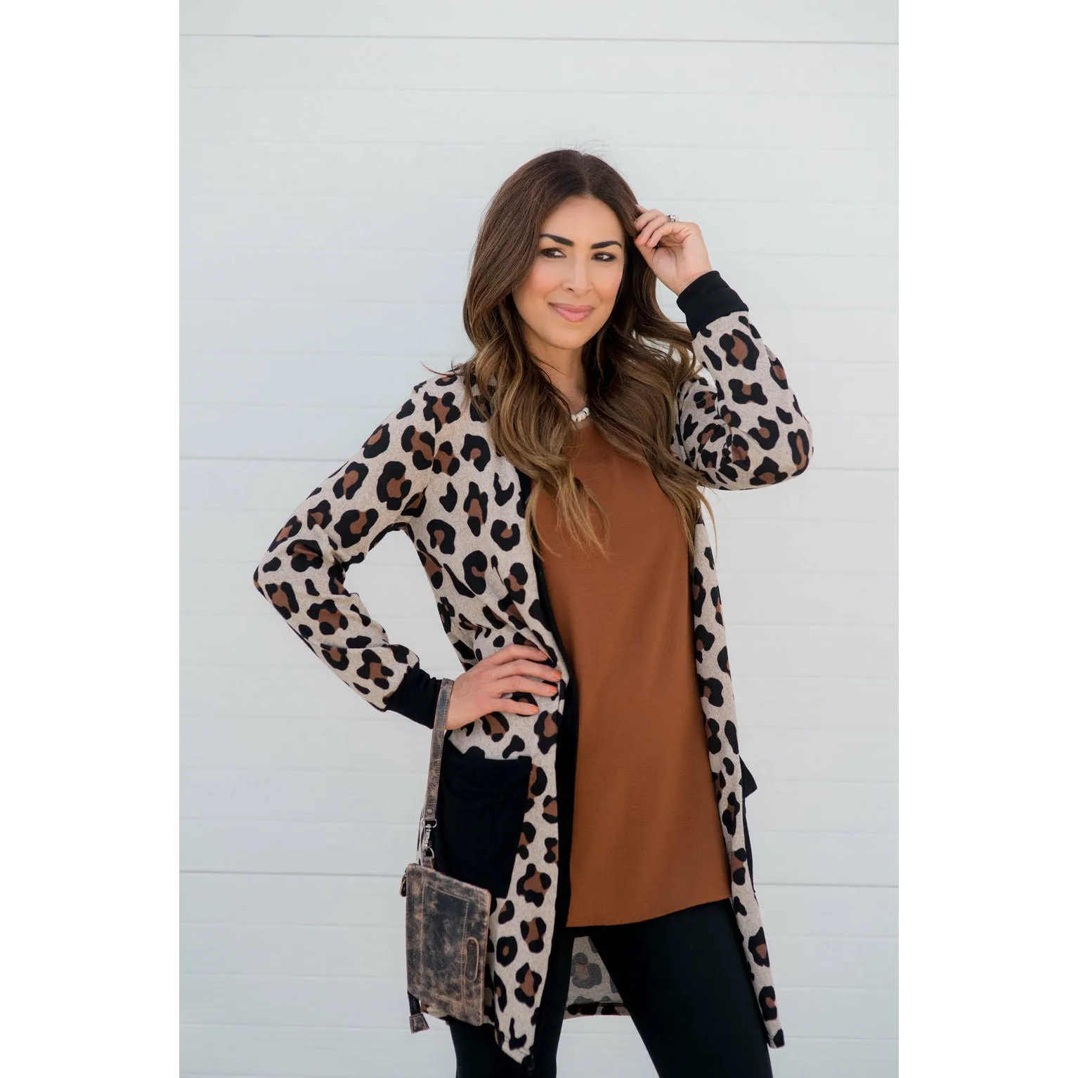 Leopard Solid Trim Tunic Cardigan