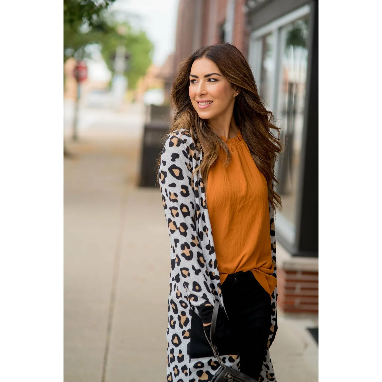 Leopard Solid Trim Tunic Cardigan