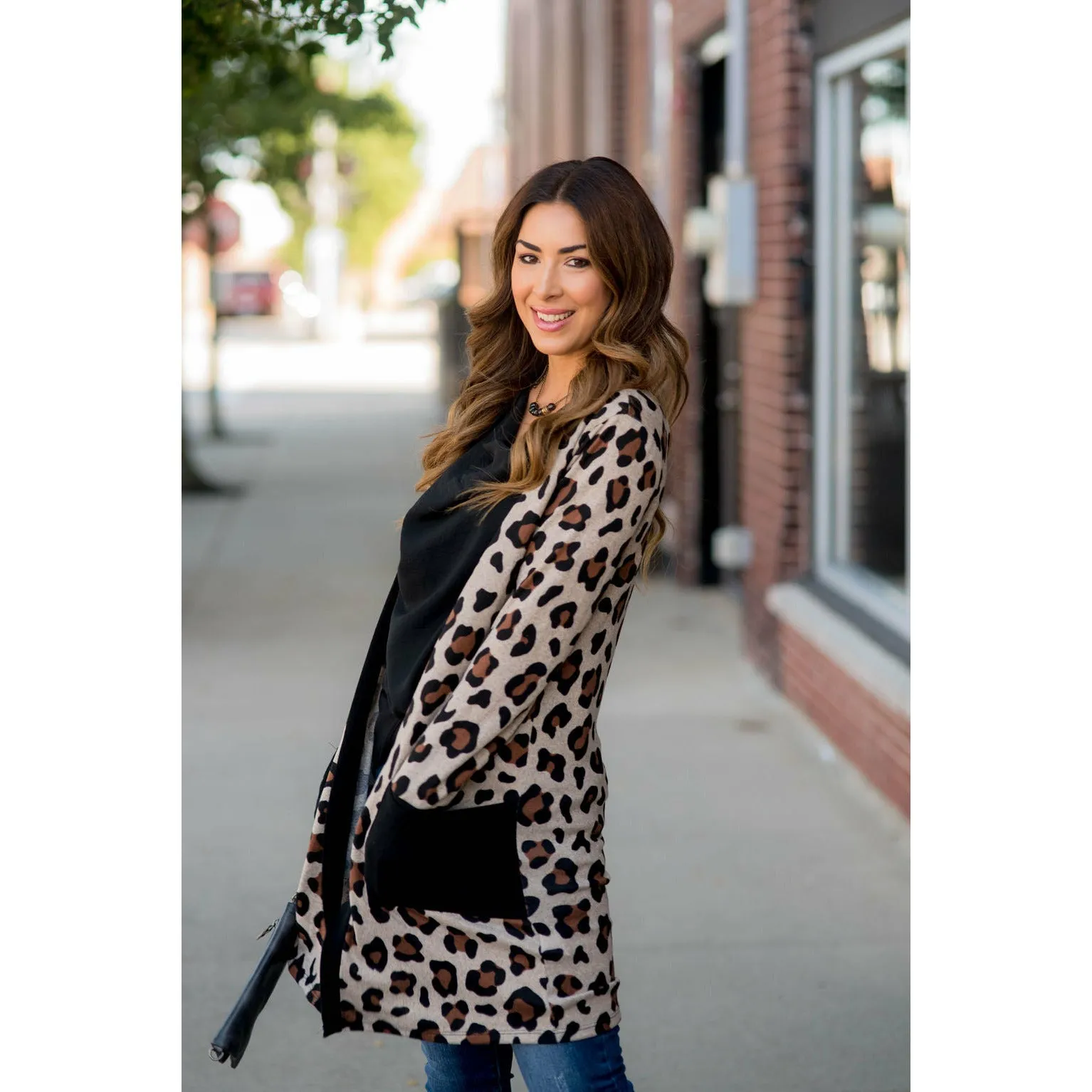 Leopard Solid Trim Tunic Cardigan