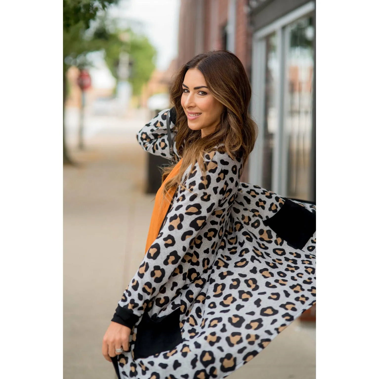 Leopard Solid Trim Tunic Cardigan