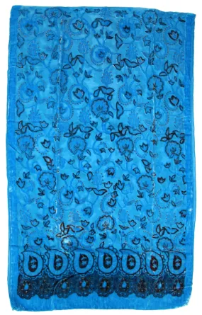 Light Blue Leaf Patterned Devore Velvet Scarf (170 x 52cm)