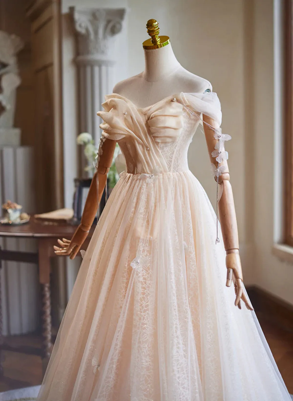 Light Champagne Tulle Long Evening Dress, A-line Off Shoulder Prom Dress