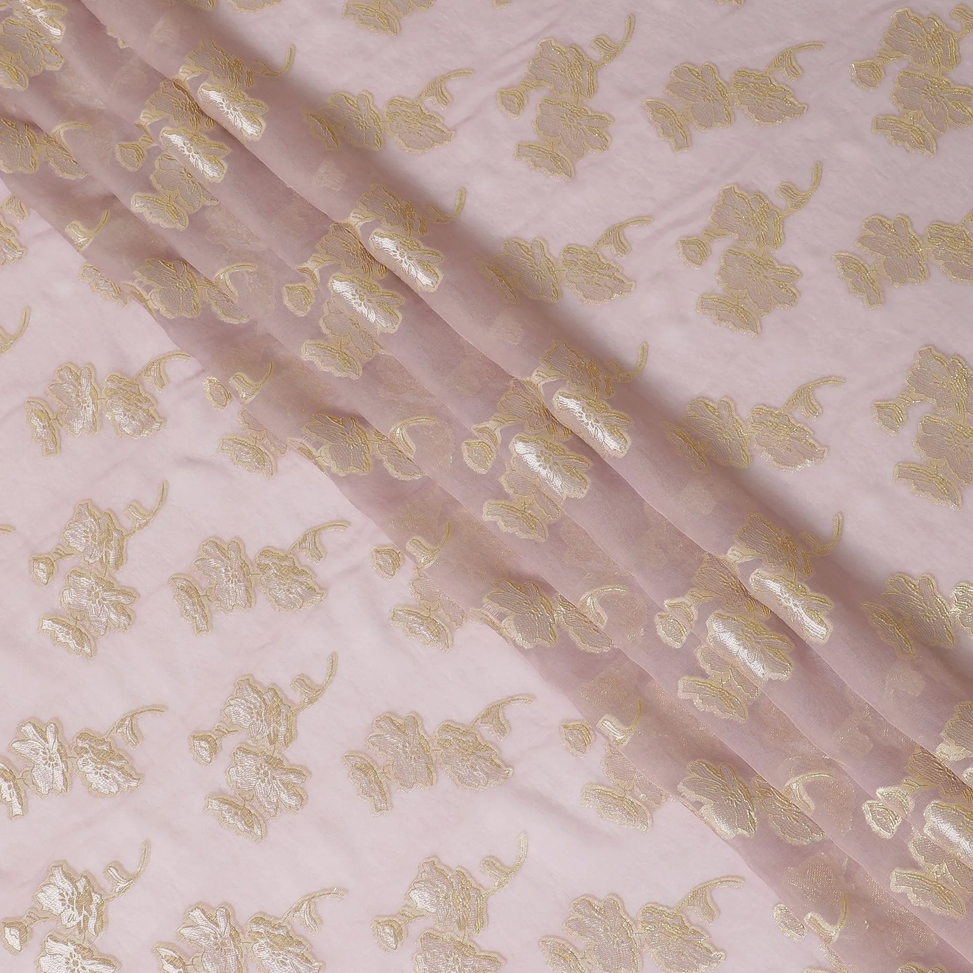 Light lavender premium pure silk chiffon fabric with same tone viscose and gold metallic lurex in floral design-D13132