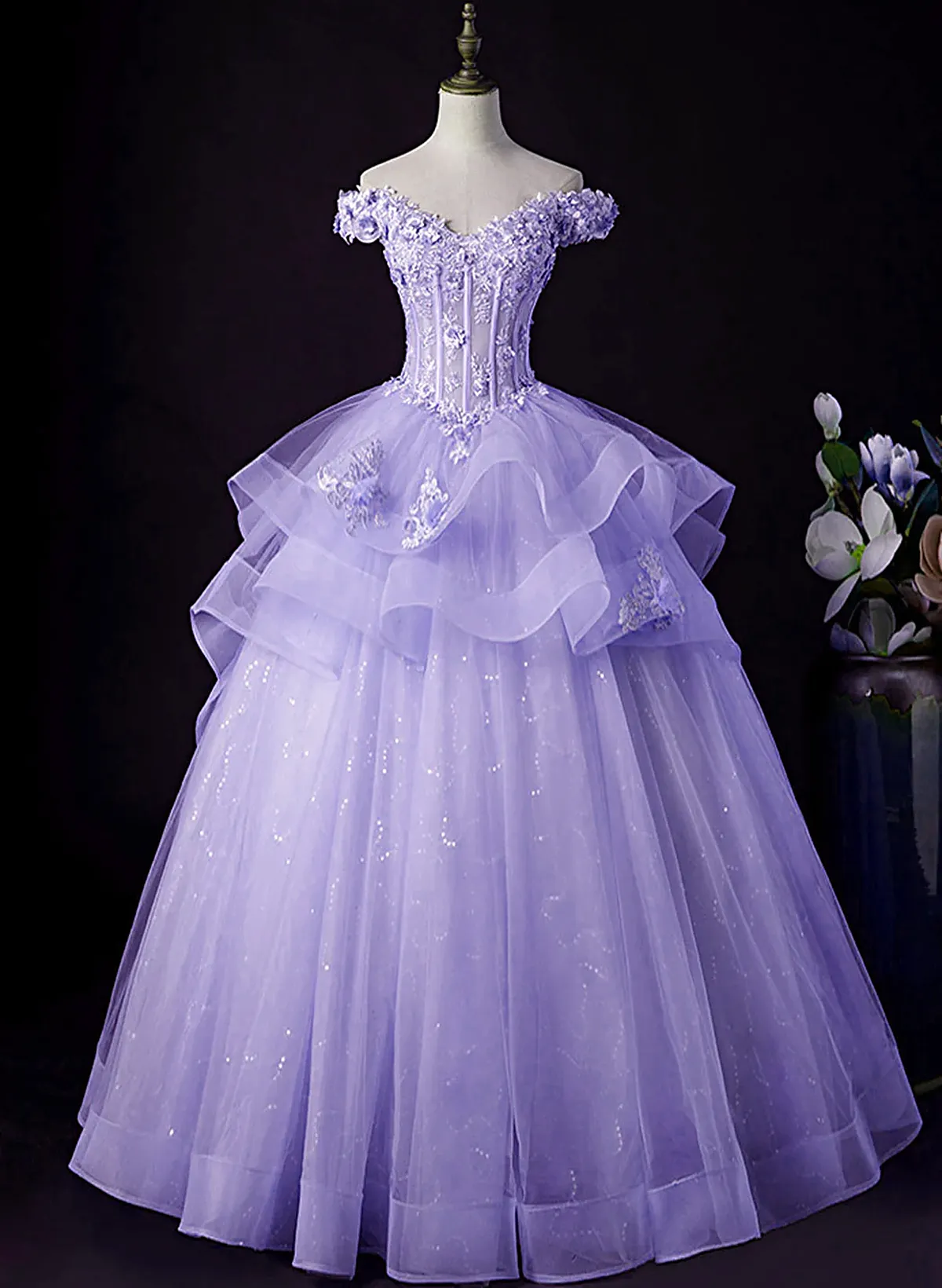 Light Purple Tulle with Lace Off Shoulder Sweet 16 Dress, Light Purple Formal Dress