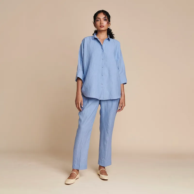 Linen Pleated Pants for Women | Blue