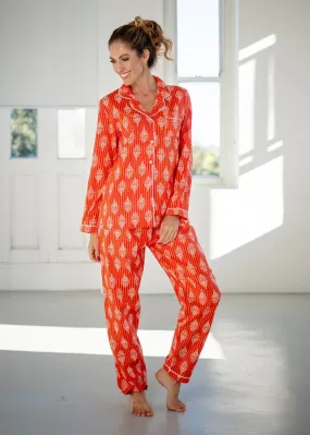 Long Sleeve Pyjama Set With Stripes In Tangerine