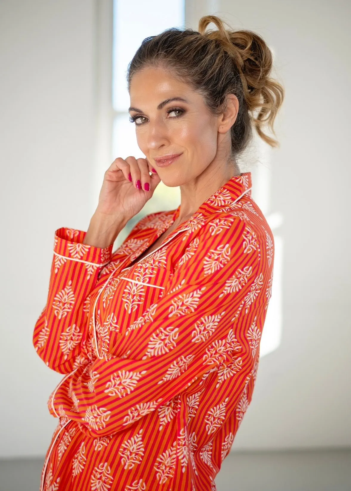 Long Sleeve Pyjama Set With Stripes In Tangerine