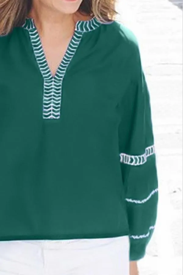 Loose Pullover Embroidered V-neck Shirt