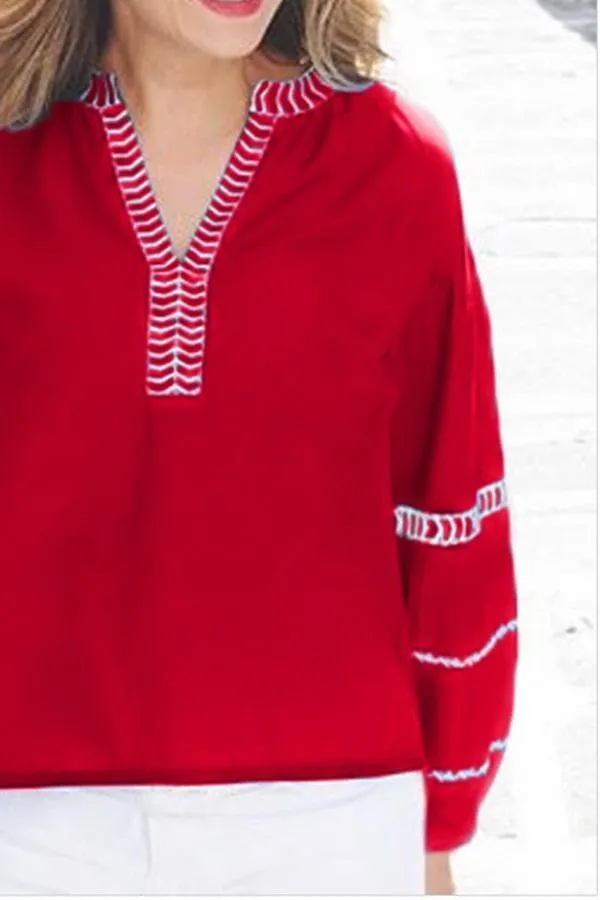 Loose Pullover Embroidered V-neck Shirt