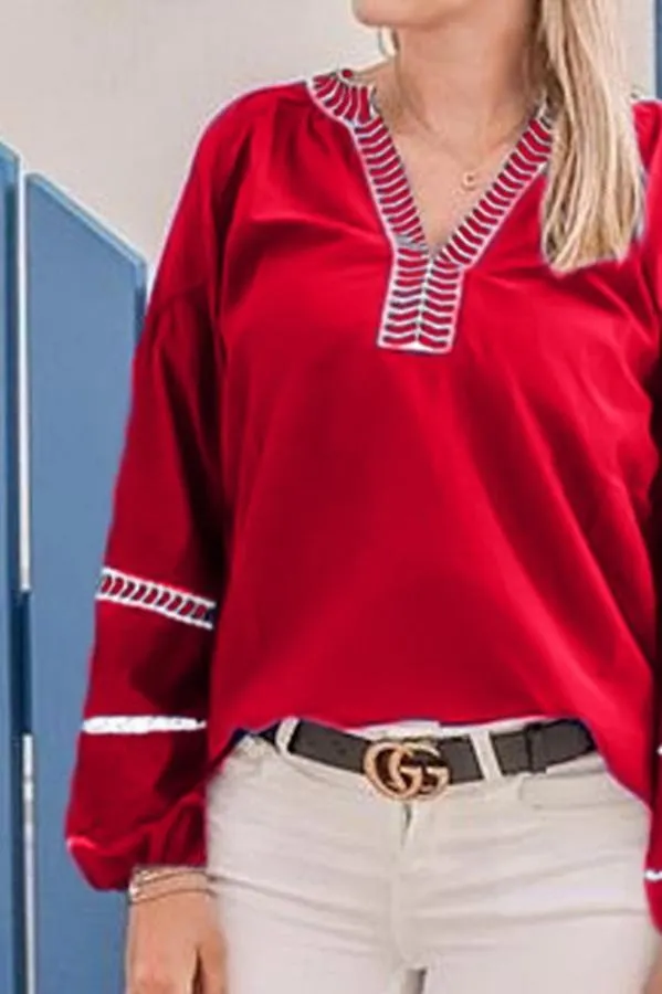 Loose Pullover Embroidered V-neck Shirt