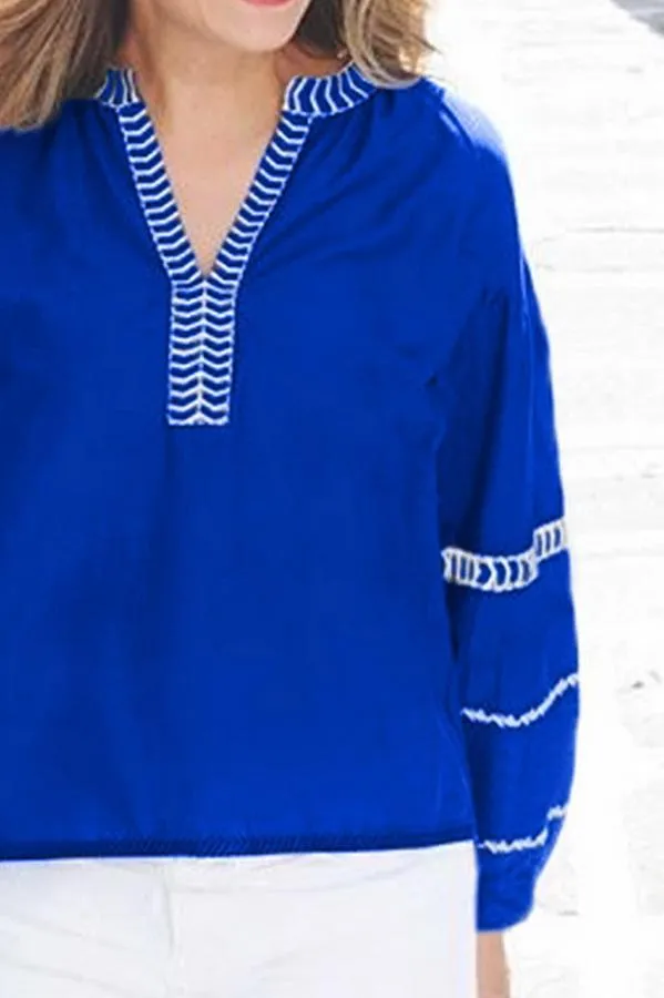 Loose Pullover Embroidered V-neck Shirt