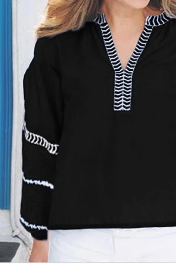 Loose Pullover Embroidered V-neck Shirt