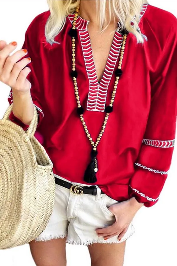 Loose Pullover Embroidered V-neck Shirt