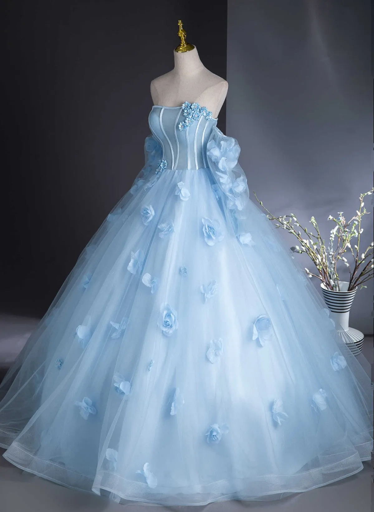 Lovely Blue Tulle with Flowers Long Formal Dress, Blue Evening Gown Sweet 16 Dress